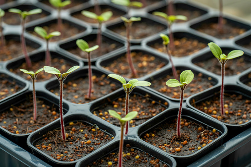 A close-up view of small green seedlings growing in a black plastic nursery tray filled with soil and perlite.