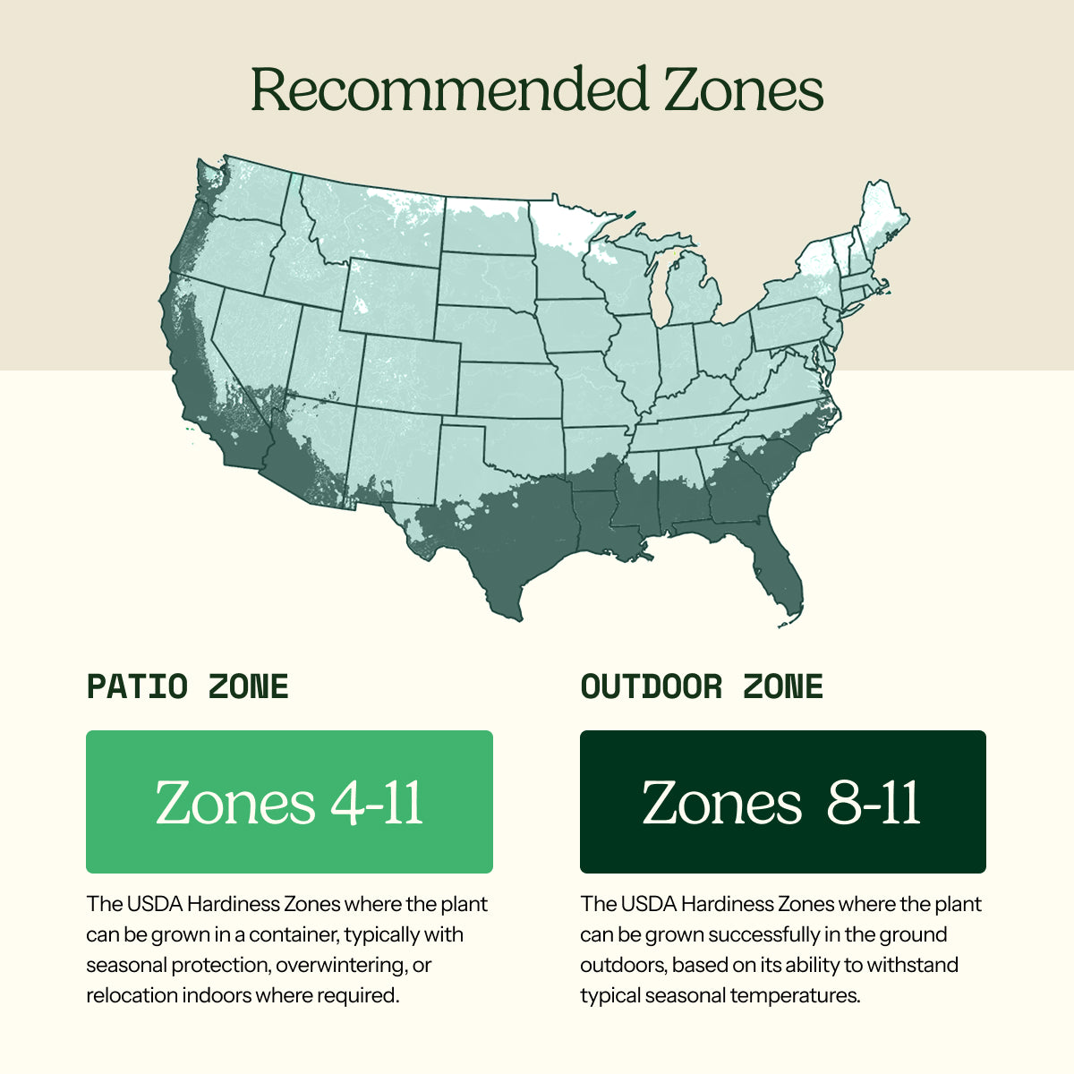 A USDA hardiness zone map of the United States with labeled patio and outdoor zones, showing a light teal map on a beige background with explanatory text blocks below.