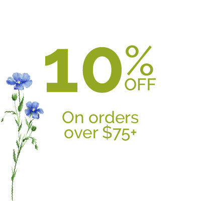 Promotional offer for 10% off orders over $75 with blue flowers on a white background