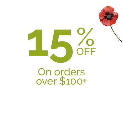 Promotional offer with 15% off for orders over $100, featuring a red flower on a white background.