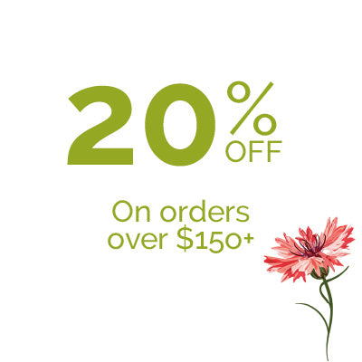 Promotional offer with 20% off on orders over $150 and a pink flower on a white background.