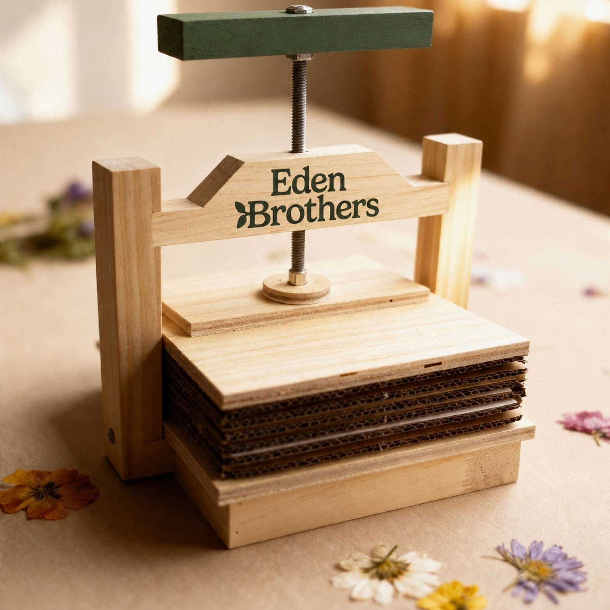 Large Wooden Flower Press with the Eden Brothers logo with cardboard in the press.