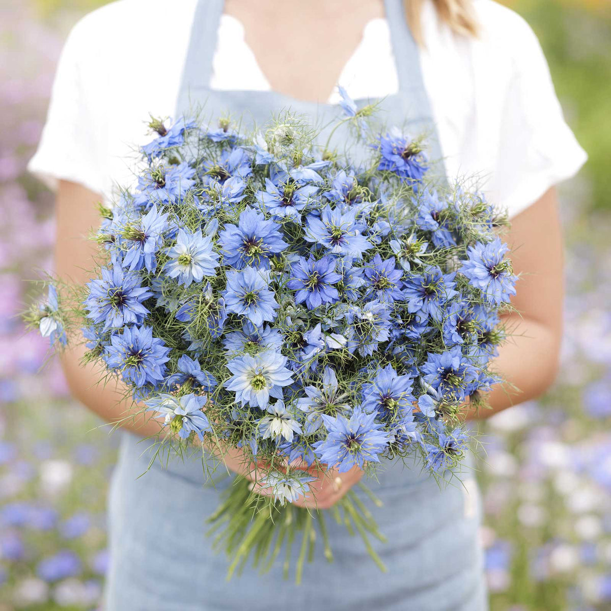 A person holding a bouquet of love in the mist blue flowers in a natural setting