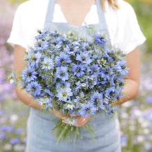 A person holding a bouquet of love in the mist blue flowers in a natural setting