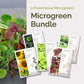 Microgreen seed packages with a display of microgreens on a white background