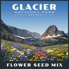 Flower seed mix package with a scenic view of mountains and flowers, inspired by Glacier National Park.
