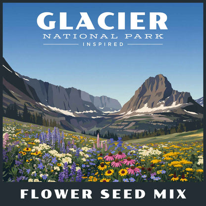 Flower seed mix package with a scenic view of mountains and flowers, inspired by Glacier National Park.