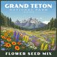 Flower seed mix package with a scenic view of mountains and flowers, inspired by Grand Teton National Park.