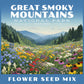 Flower seed mix package with a scenic view of mountains and flowers, inspired by Great Smoky Mountain National Park.