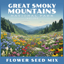 Flower seed mix package with a scenic view of mountains and flowers, inspired by Great Smoky Mountain National Park.