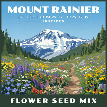 Flower seed mix package with a scenic view of mountains and flowers, inspired by Mount Rainier National Park.