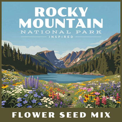 Flower seed mix package with a scenic view of mountains and flowers, inspired by Rocky Mountain National Park.