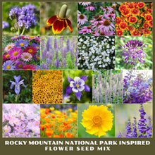 Collage of various flowers from the Rocky Mountain National Park Inspired Flower Seed Mix.