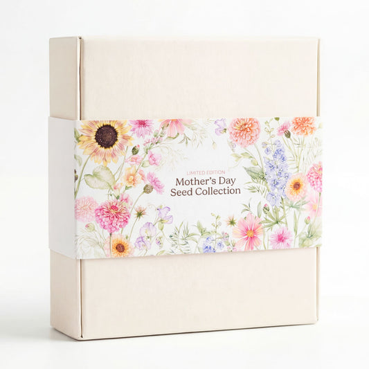 Gift box with floral design and 'Mother's Day Seed Collection' text on a white background