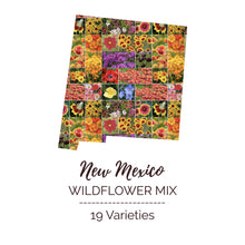 Graphic of the outline of the state for New Mexico Wildflower Seed Mix that contains images of the flowers in the mix