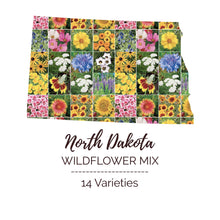 Graphic of the outline of the state for North Dakota Wildflower Seed Mix that contains images of the flowers in the mix