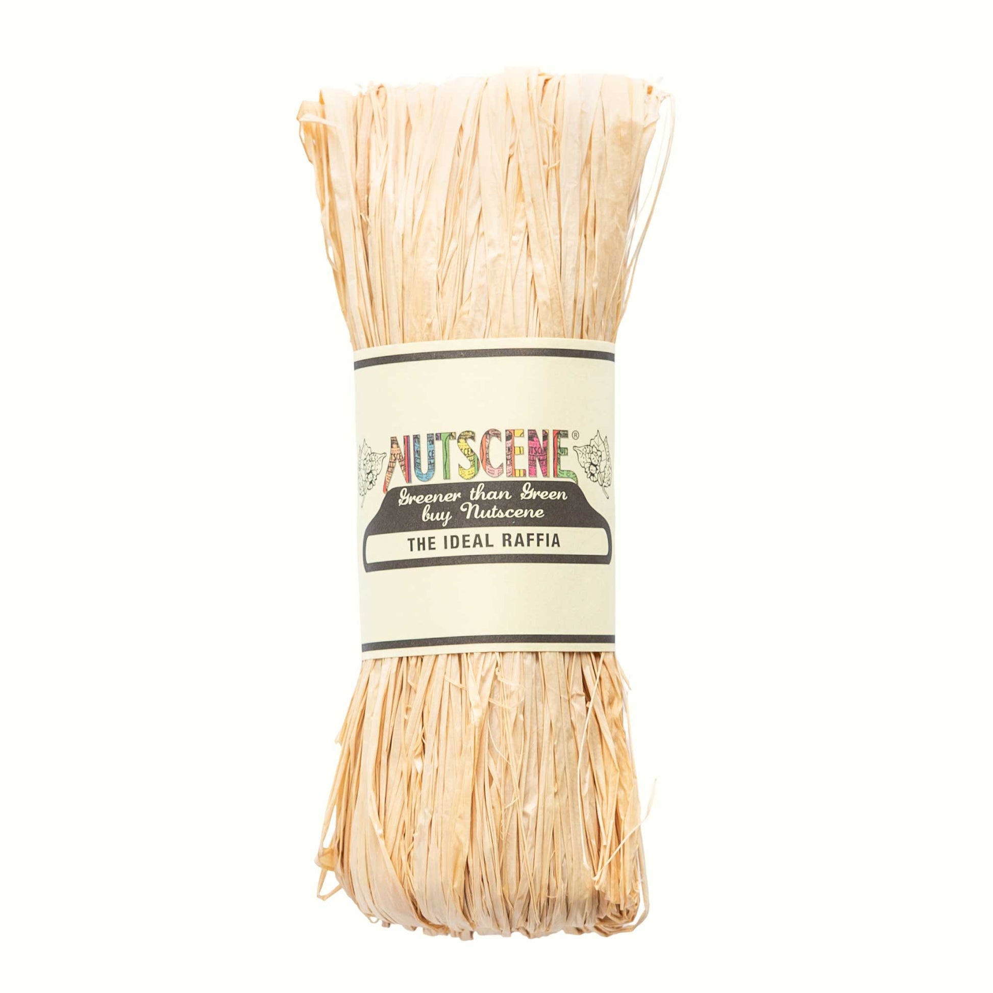 A bundle of the natural nutscene madagascan raffia with nutscene label on a white background