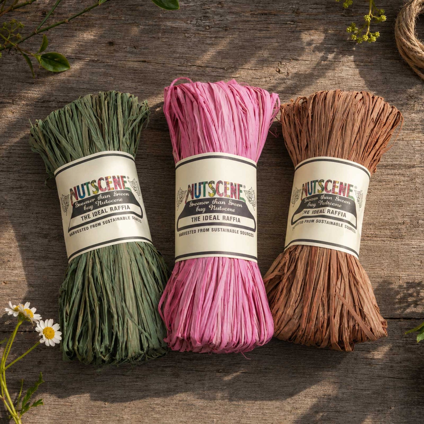A bundle of the variety pack of nutscene madagascan raffia with nutscene label on a wooden background