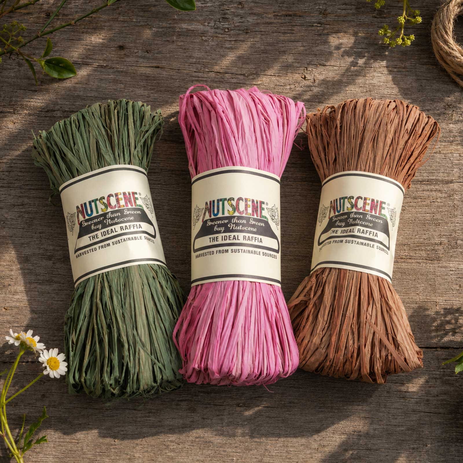A bundle of the variety pack of nutscene madagascan raffia with nutscene label on a wooden background