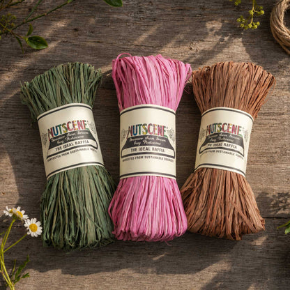 A bundle of the variety pack of nutscene madagascan raffia with nutscene label on a wooden background