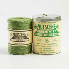 Greentwist nutscene twine shown in a bundle and dispersing tin.
