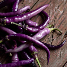 A cluster of vibrant Cayenne Purple peppers with hints of green on the stems.