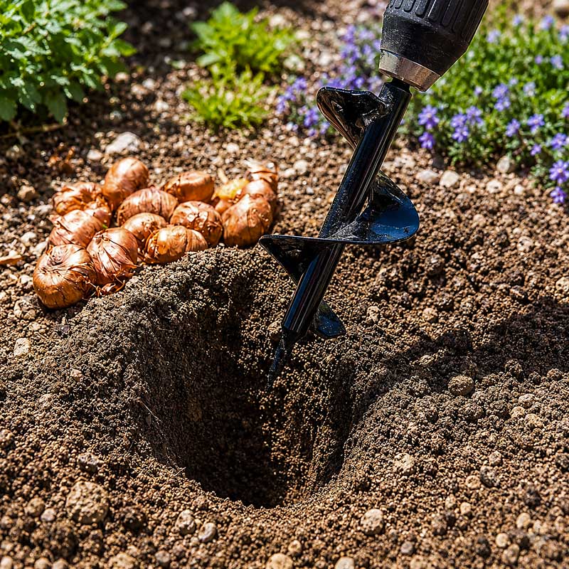 Power Planter Bulb Planting Auger & Bedding Plant Tool used in dirt with tulip bulbs ready to be planted