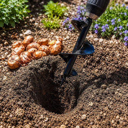 Power Planter Bulb Planting Auger & Bedding Plant Tool used in dirt with tulip bulbs ready to be planted