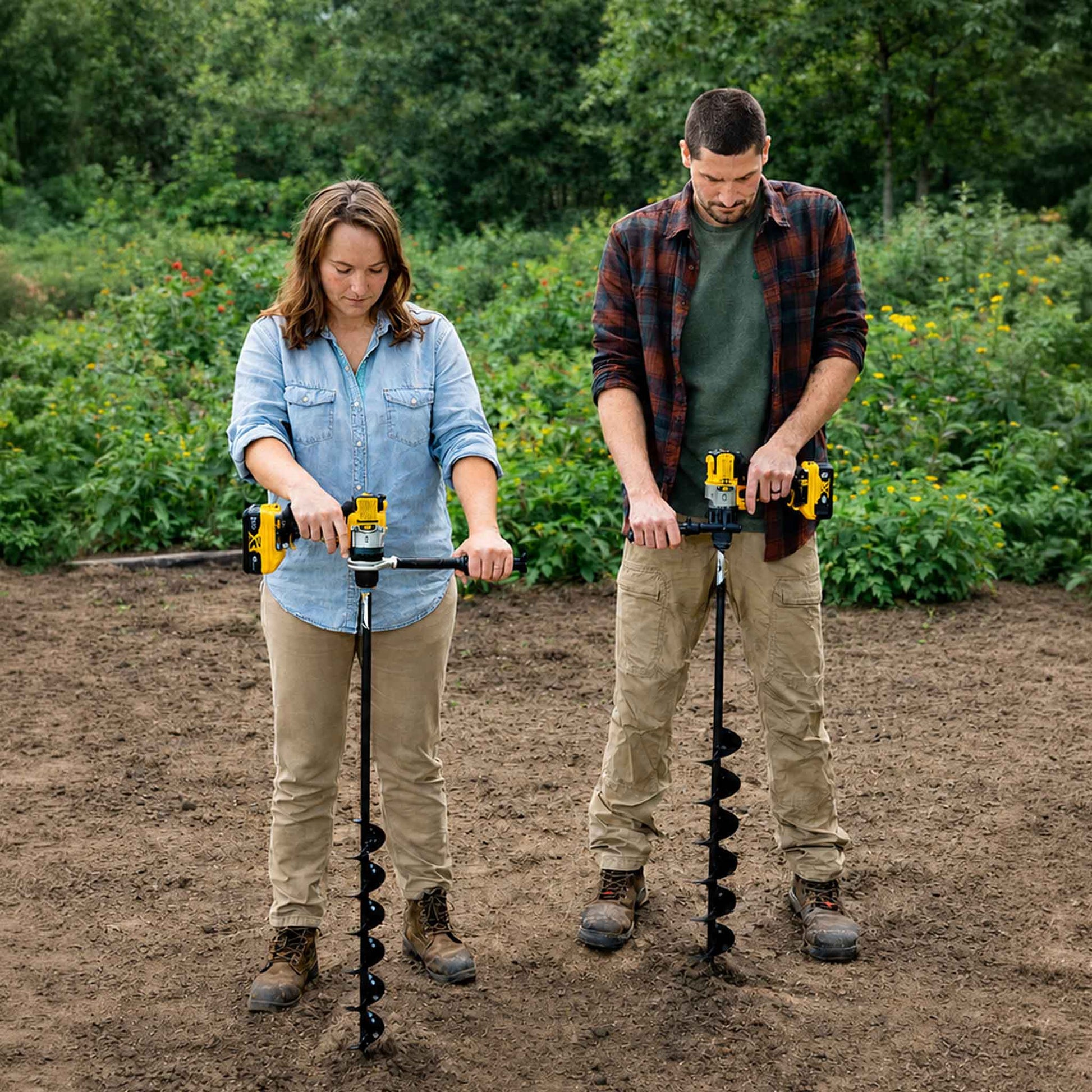 Two people using the power planter bulb planting auger extended length in a garden patch