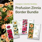 Graphic of profusion zinnia border bundle pack displaying a product image and contents of the bundle.