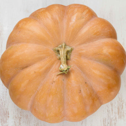 Top view of a Fairytale pumpkin with orange skin and deep ridges.