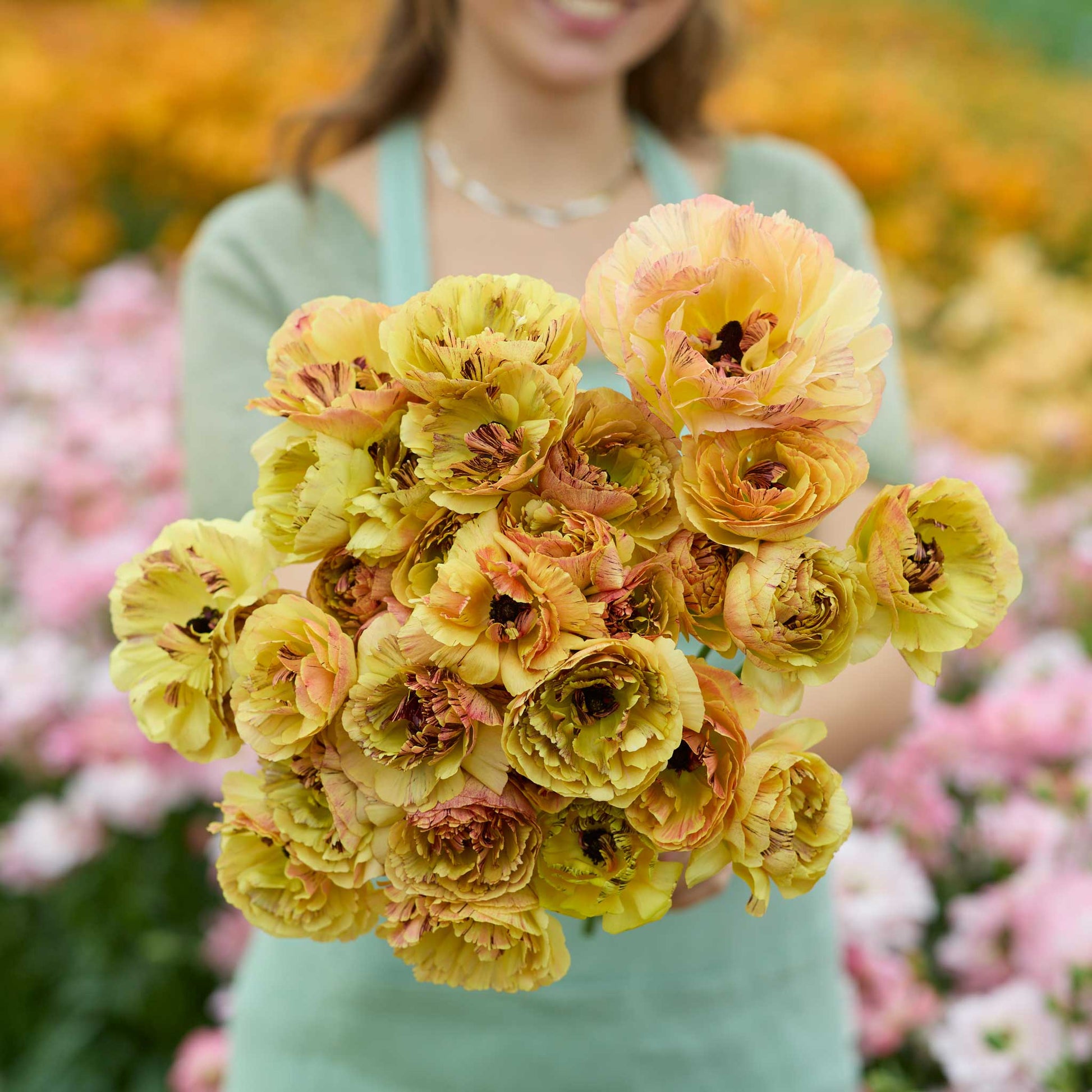 Person holding a bouquet of yellow brushmark verona ranunculus in a blurred garden setting