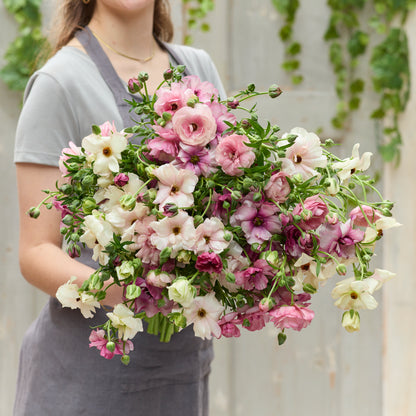 Soft pink and white ranunculus pink pastel mix bouquet held on a gray backdrop