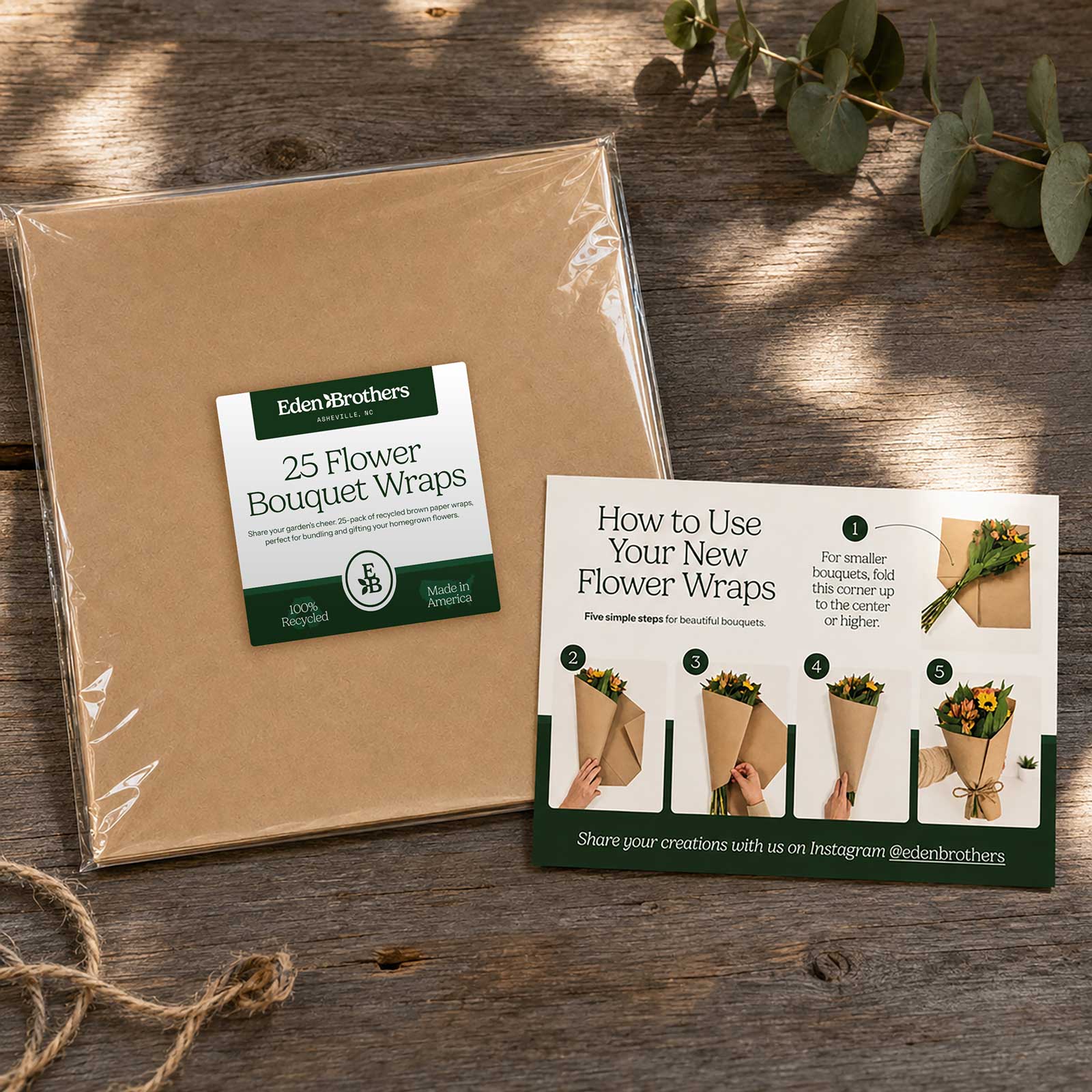 Recycled brown paper flower wraps shown in clear packaging with eden brothers label and the insert with instructions for use
