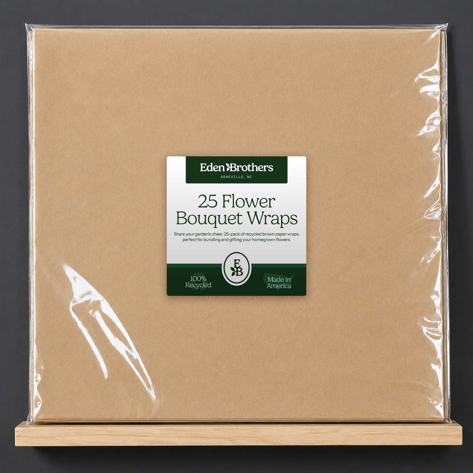 Recycled brown paper flower wraps shown in clear packaging with eden brothers label