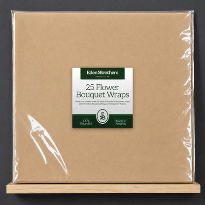 Recycled brown paper flower wraps shown in clear packaging with eden brothers label