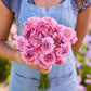 Person holding a bouquet of pink scabiosa salmon queen flowers with a blurred background