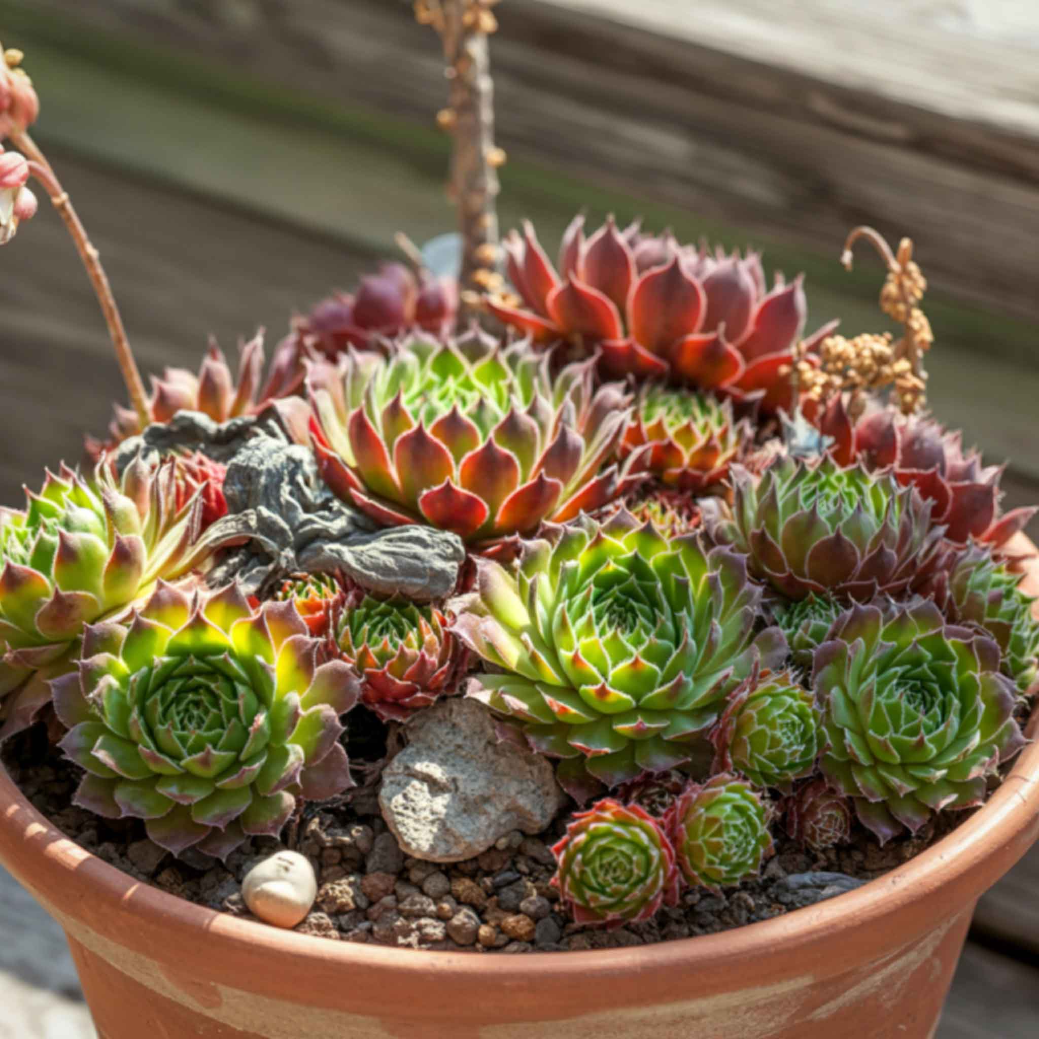 Potted sempervivum hippie chicks succulent plant with various green and red hues.