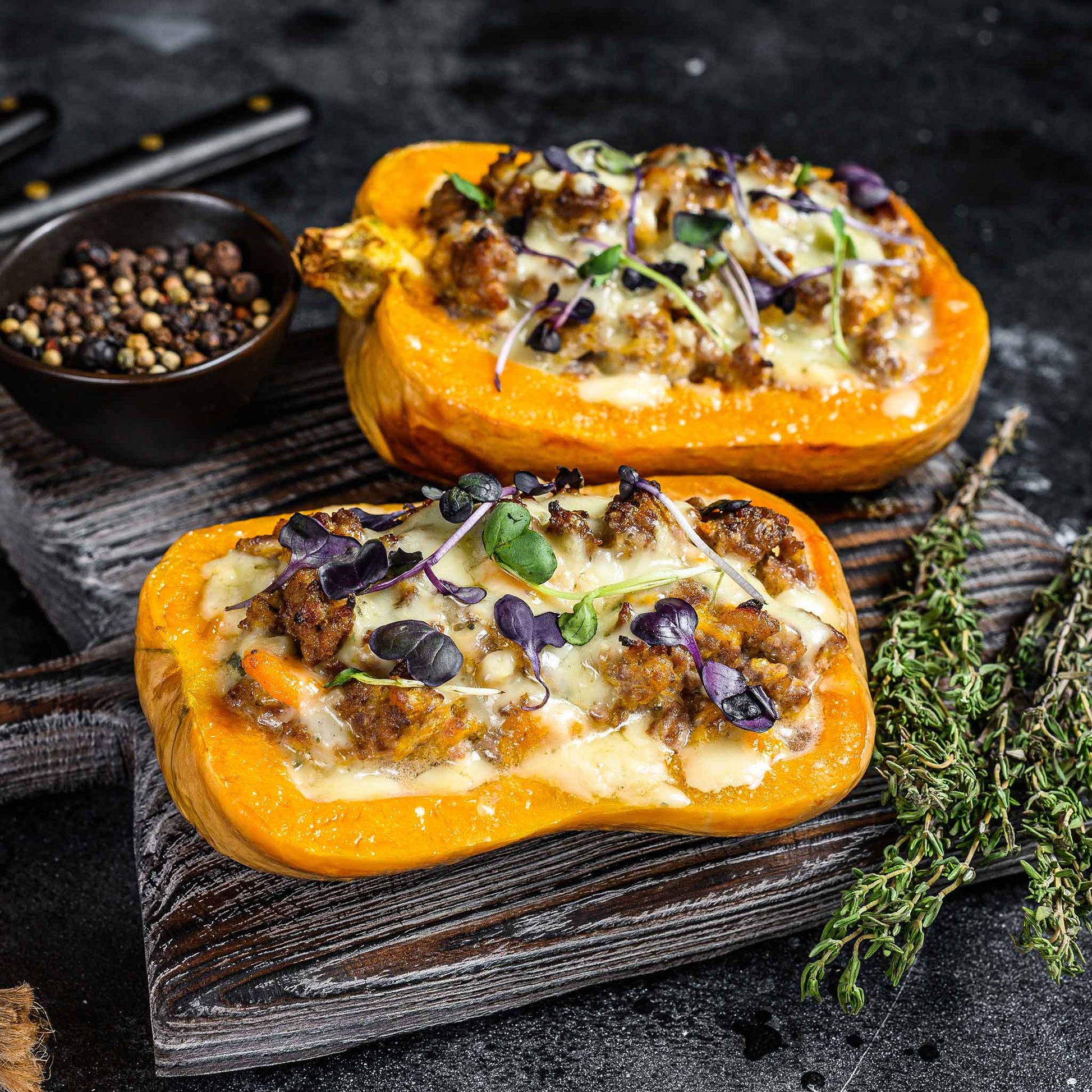 A hollowed Honeynut squash stuffed with food ready for dinner.