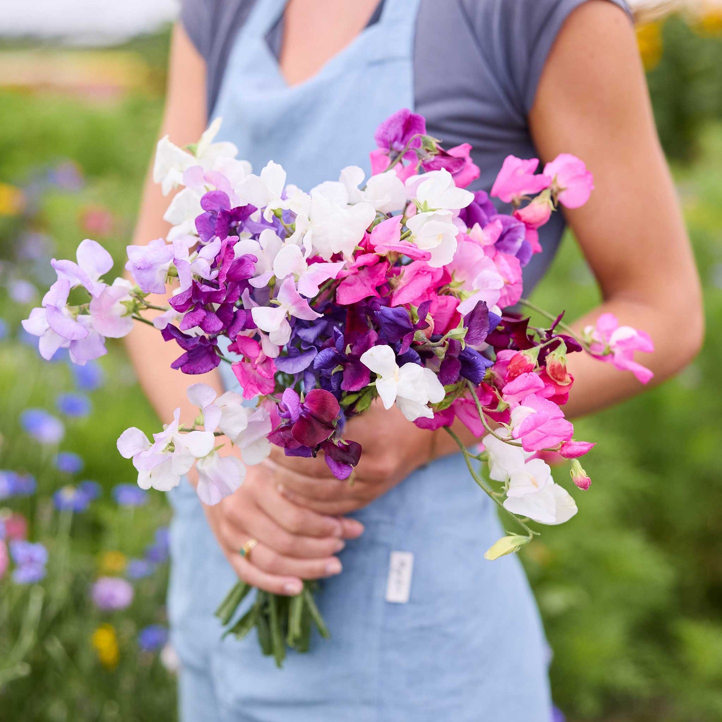 A person holding a bouquet of bijou mixed sweet pea flowers in a natural setting