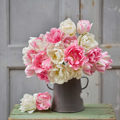 A person holding a pink and white bouquet from the finola and mount tacoma tulip bundle
