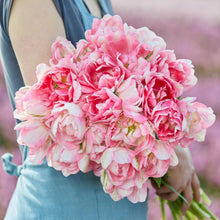 Bouquet of pink finola tulips held by a person wearing a blue dress.