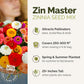 Zin Master Zinnia Seed Mix packaging with colorful flowers and product details.
