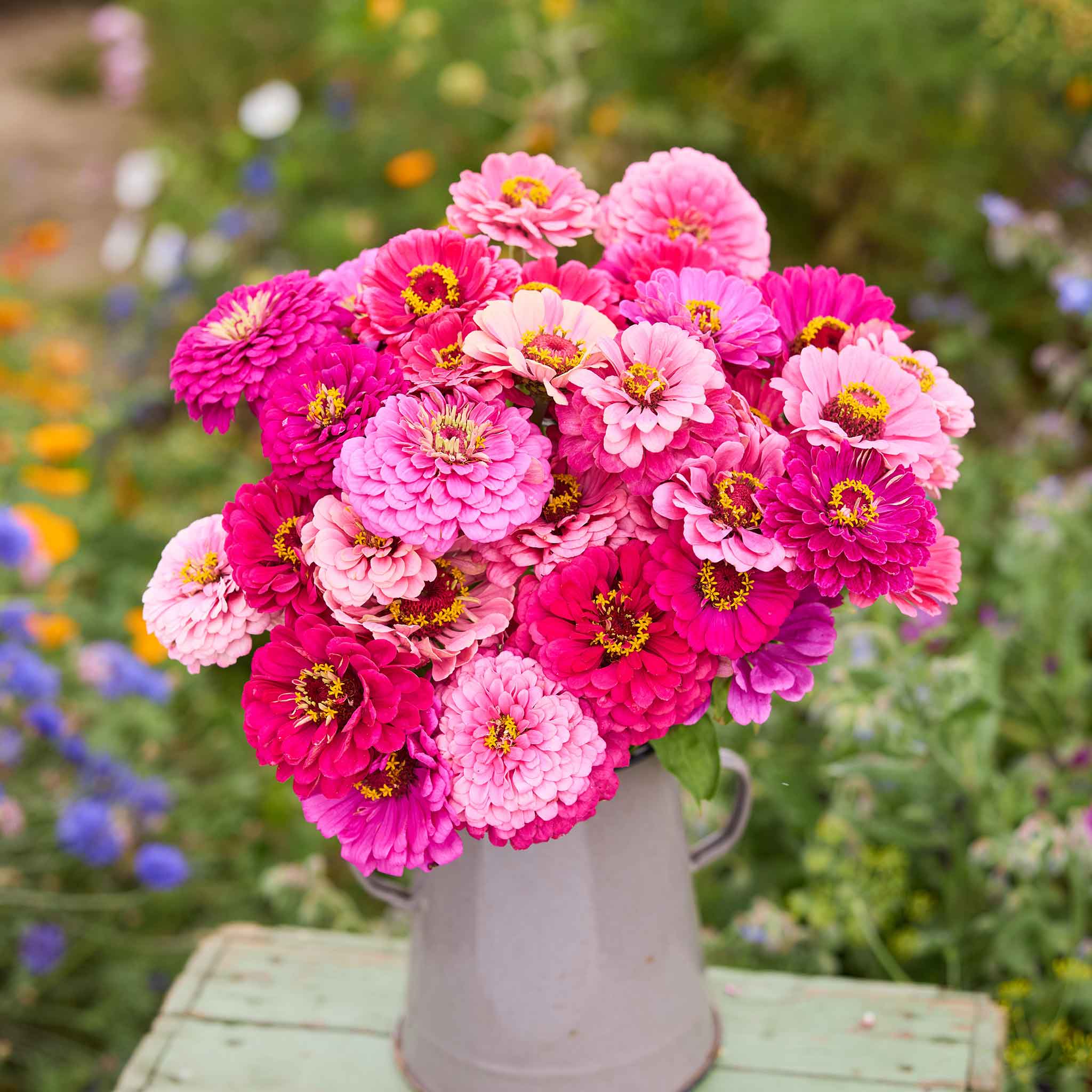 Bouquet of art deco mix zinnia flowers in a metal vase with a garden background