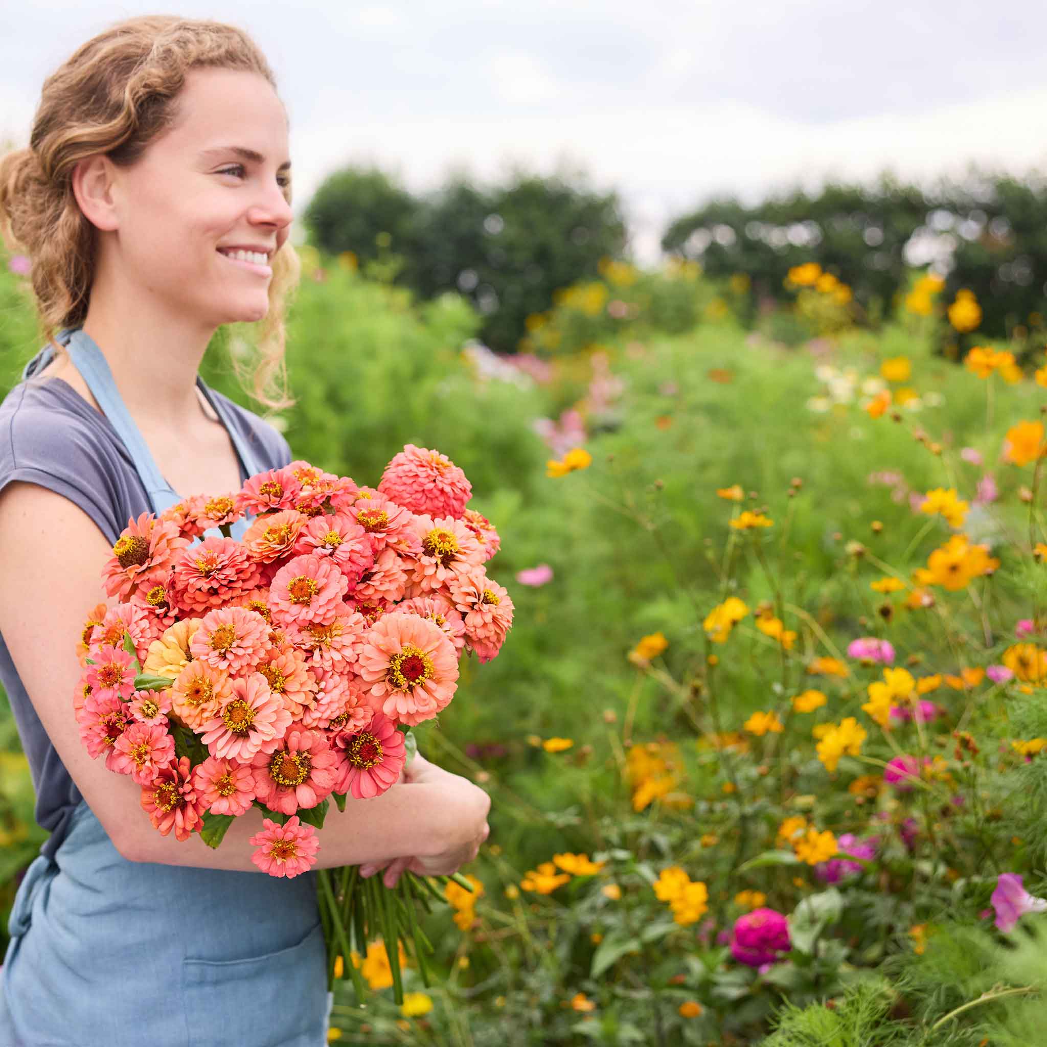 Person holding a bouquet of benary giant coral zinnia flowers in a garden setting