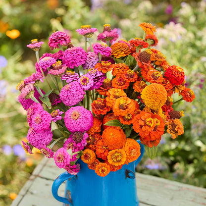 A bouquet of flowers from the zinnia lilliput orange and purple bundle in a garden setting