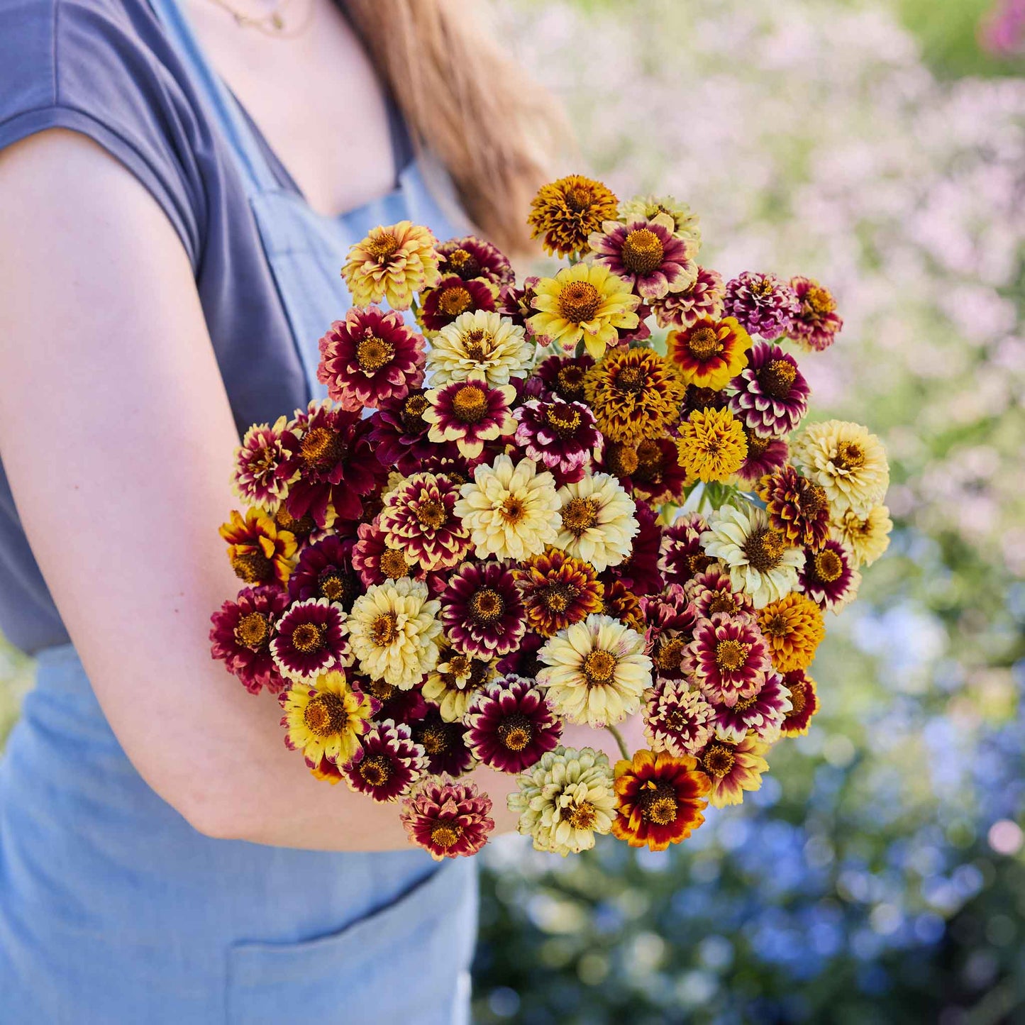 Person holding a bouquet of colorful zinnia jazzy mix flowers outdoors