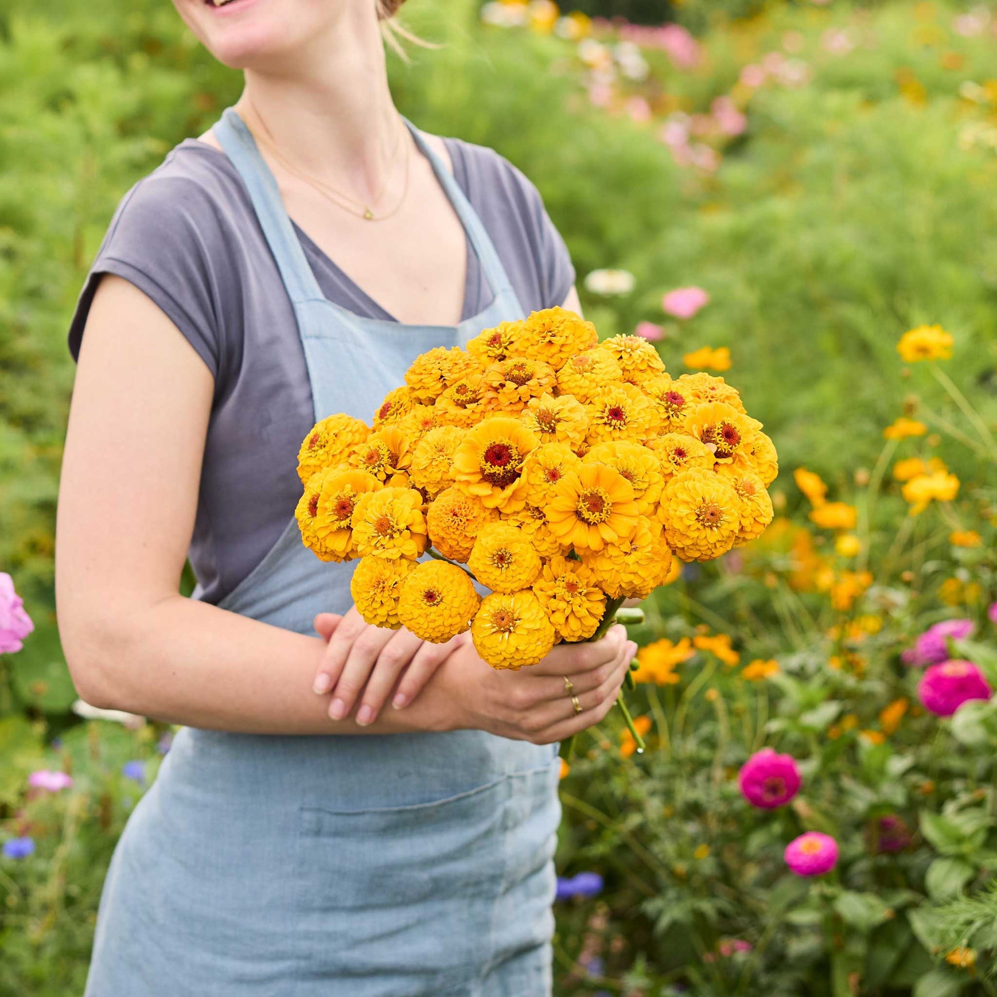 A person holding a bouquet of golden zinnia oklahoma golden yellow flowers in a garden setting.