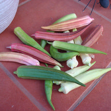 Rainbow Fiesta Okra pods in various vibrant colors, including red, yellow, and green, are scattered on a red surface.